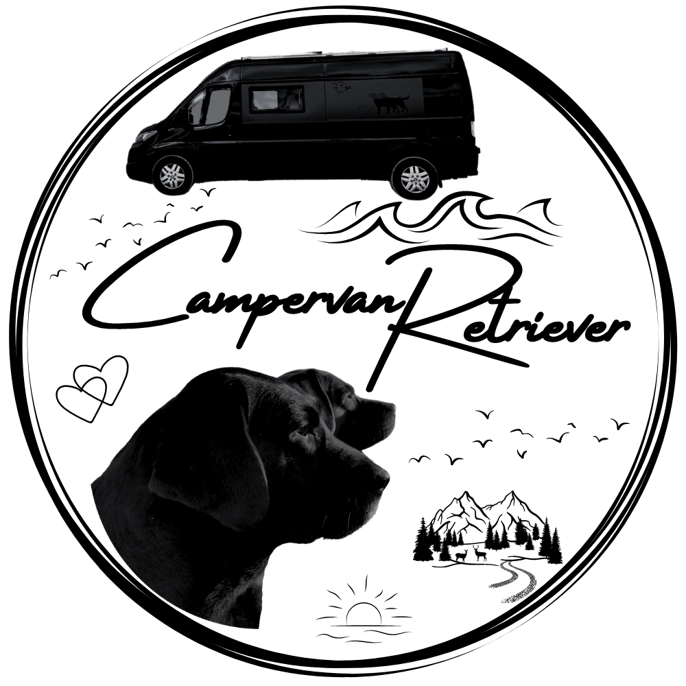 Logo-Design CampervanRetriever – Hundemotiv mit Campervan, schwarz-weiß