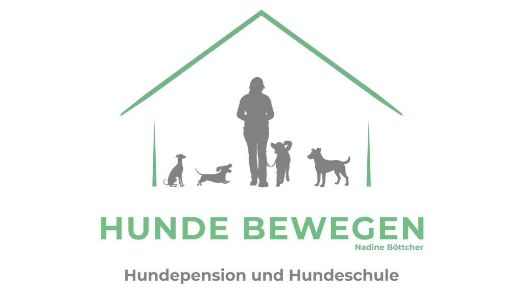 Logo-Design Hunde Bewegen – Nadine Böttcher, Hundepension und Hundeschule, Silhouetten unter Dach, grün-grau