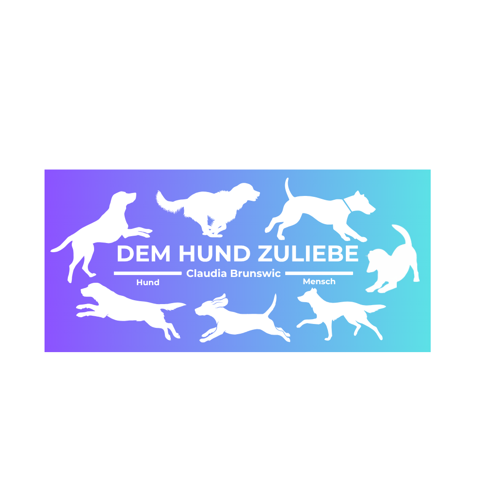 Logo-Design Dem Hund Zuliebe – Claudia Brunswic, weiße Hunde-Silhouetten auf lila-türkisem Farbverlauf