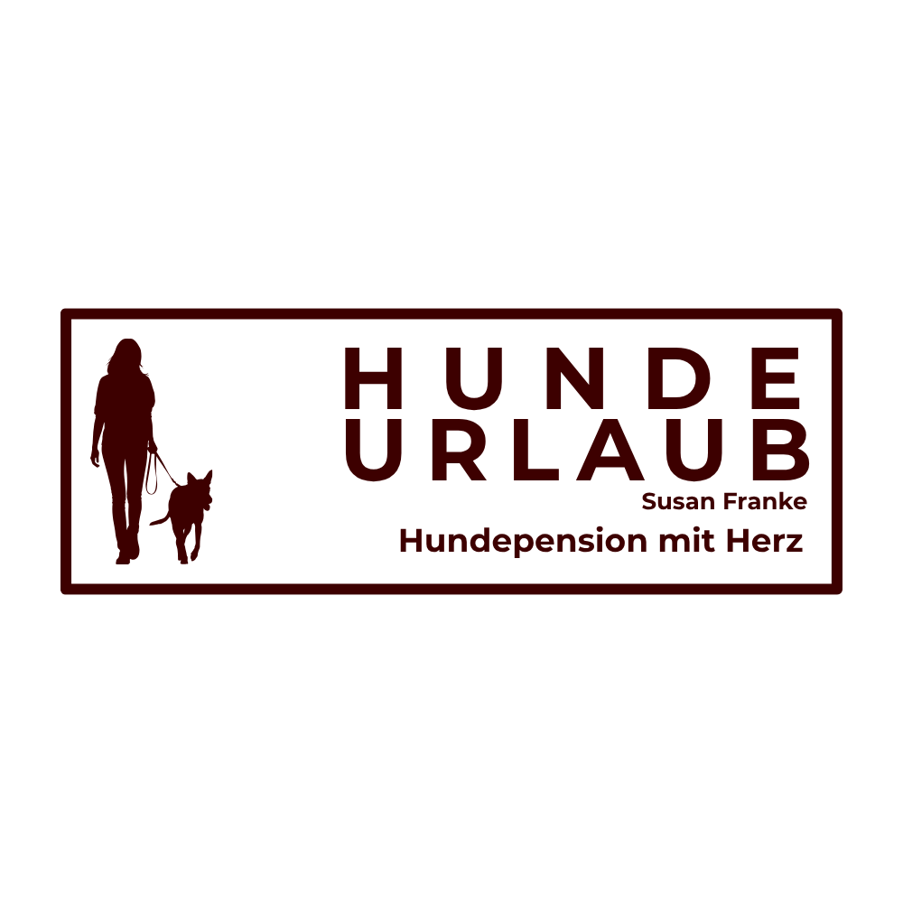 Logo-Design Hundeurlaub Susan Franke – Hundepension mit Herz, Silhouette Frau mit Hund, dunkelrot